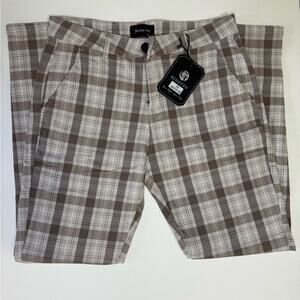 GINGTTO Men's Brown Plaid Skinny Fit Stretch Trousers | Size 32 NWT